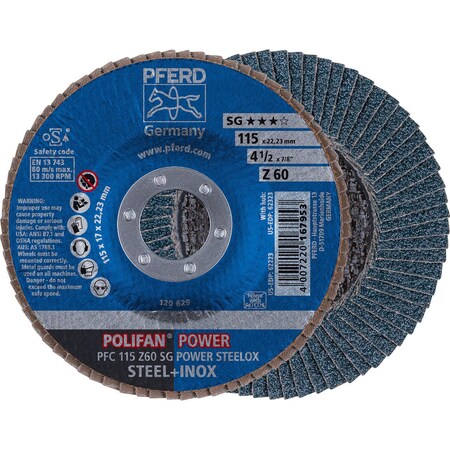 Pferd 62223 4-1/2in x 7/8in POLIFAN Flap Disc - Conical SG Zirconia 60G 62223-PFERD